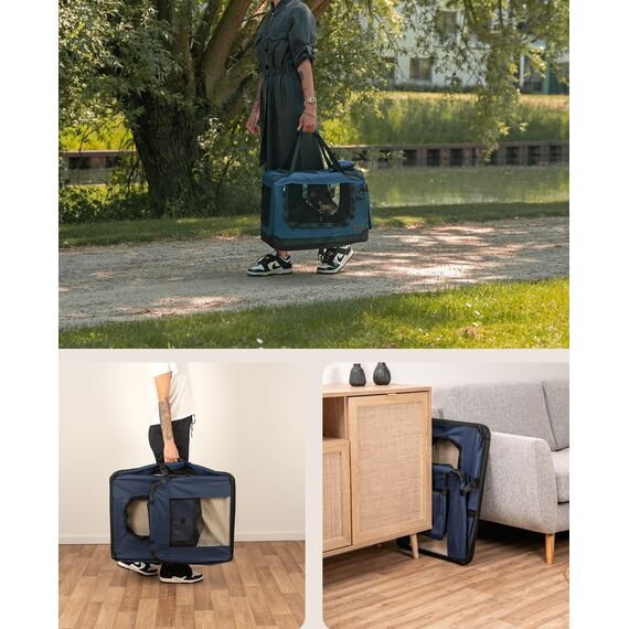 lionto Hundetransportbox faltbar für Reise & Auto, 60x42x44 cm, stabile Transportbox mit Griffen & Decke für Katzen & Hunde bis 12 kg, Hundebox aus Stoff für klein & groß, dunkelblau (Namensaufdruck)