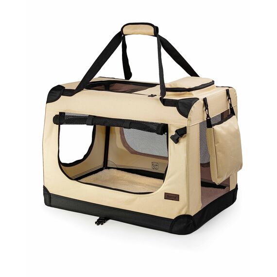 lionto Hundetransportbox faltbar für Reise & Auto, 50x34x36 cm, stabile Transportbox mit Tragegriffen & Decke für Katzen & Hunde bis 10 kg, robuste Hundebox aus Stoff für klein & groß, beige