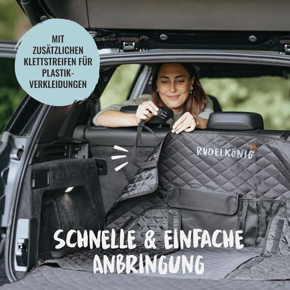 Rudelkönig Kofferraumschutz Hund mit Ladekantenschutz - Wasserabweisend & Kratzfest - Gesteppte Auto Hundedecke mit Tasche - Universale Kofferraum Schutzmatte für Hunde