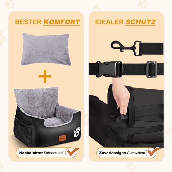 Hunde Autositz, 55x30x30cm, 1 Ansteckbare, Verstellbare Sicherheitsleinen, Auto-Hundebett für kleine Hunde, komplett Abnehmbarer und Waschbarer Autositz für Haustiere mit 2 Aufbewahrungs