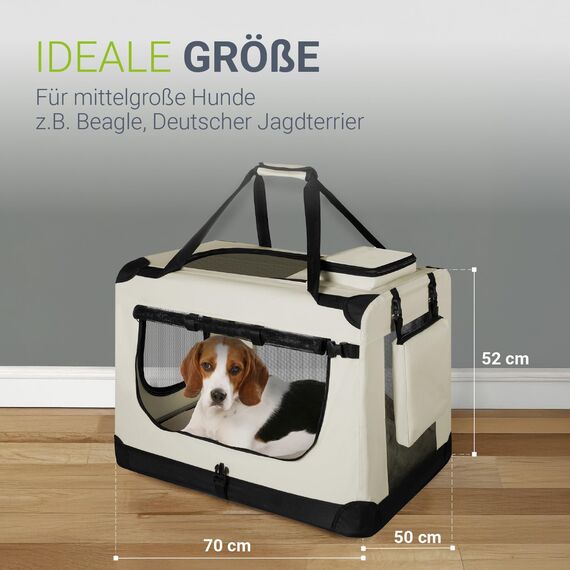 Juskys Hundetransportbox Lassie L faltbar & tragbar 50x70x52 cm mit Decke, Tasche & Griffen - Faltbare Transportbox für Hunde, Katzen & Haustiere - Oxford Stoff Hundebox Auto Hundetasche - Beige