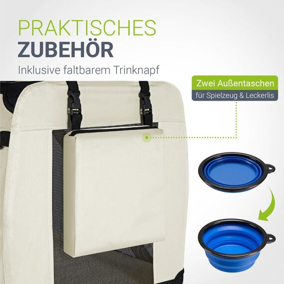 Juskys Hundetransportbox Lassie XL faltbar & tragbar 56x81x58 cm mit Decke, Tasche & Griffen - Faltbare Transportbox für Hunde, Katzen & Haustiere - Oxford Stoff Hundebox Auto Hundetasche - Beige