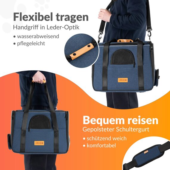 CADOCA® Transportbox Katzen bis 20kg faltbar Sonnen- und Regendach Schultergurt mit Napf Atmungsaktiv Komfortabel Wendekissen Haustier Katzenbox Tragetasche Hunde Auto Blau