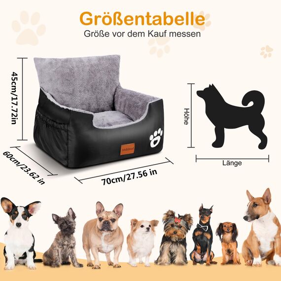 Hunde Autositz, 55x30x30cm, 1 Ansteckbare, Verstellbare Sicherheitsleinen, Auto-Hundebett für kleine Hunde, komplett Abnehmbarer und Waschbarer Autositz für Haustiere mit 2 Aufbewahrungs