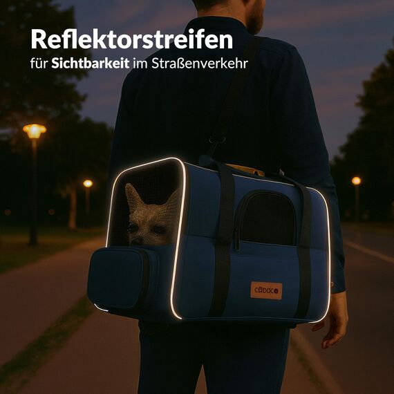 CADOCA® Transportbox Katzen bis 20kg faltbar Sonnen- und Regendach Schultergurt mit Napf Atmungsaktiv Komfortabel Wendekissen Haustier Katzenbox Tragetasche Hunde Auto Blau