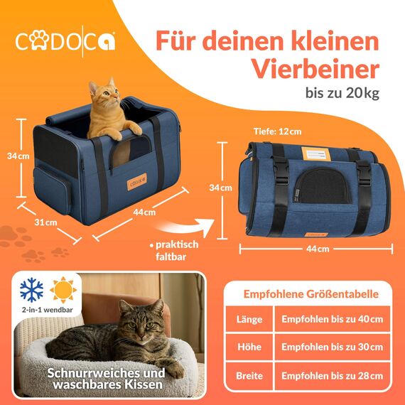 CADOCA® Transportbox Katzen bis 20kg faltbar Sonnen- und Regendach Schultergurt mit Napf Atmungsaktiv Komfortabel Wendekissen Haustier Katzenbox Tragetasche Hunde Auto Blau