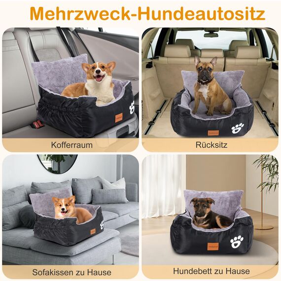 Hunde Autositz, 55x30x30cm, 1 Ansteckbare, Verstellbare Sicherheitsleinen, Auto-Hundebett für kleine Hunde, komplett Abnehmbarer und Waschbarer Autositz für Haustiere mit 2 Aufbewahrungs