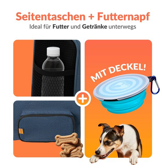 CADOCA® Transportbox Katzen bis 20kg faltbar Sonnen- und Regendach Schultergurt mit Napf Atmungsaktiv Komfortabel Wendekissen Haustier Katzenbox Tragetasche Hunde Auto Blau