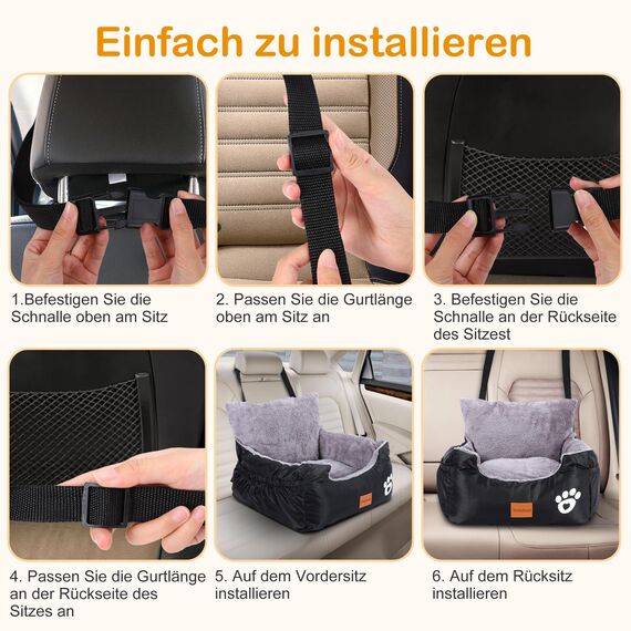Hunde Autositz, 55x30x30cm, 1 Ansteckbare, Verstellbare Sicherheitsleinen, Auto-Hundebett für kleine Hunde, komplett Abnehmbarer und Waschbarer Autositz für Haustiere mit 2 Aufbewahrungs