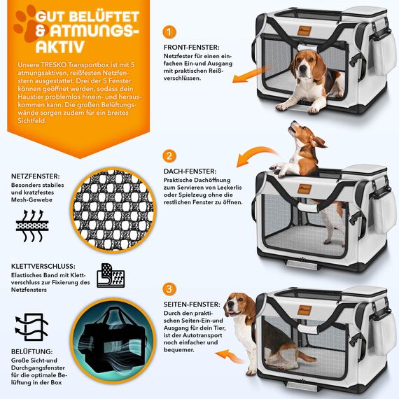 TRESKO® Hundebox faltbar inkl. Leckmatte, Spatel & Reflektoren XXXL 102x69x69cm | Transportbox für Hunde und Katzen | Hundetransportbox Auto für kleine & große Hunde | Hundetasche robust Grau
