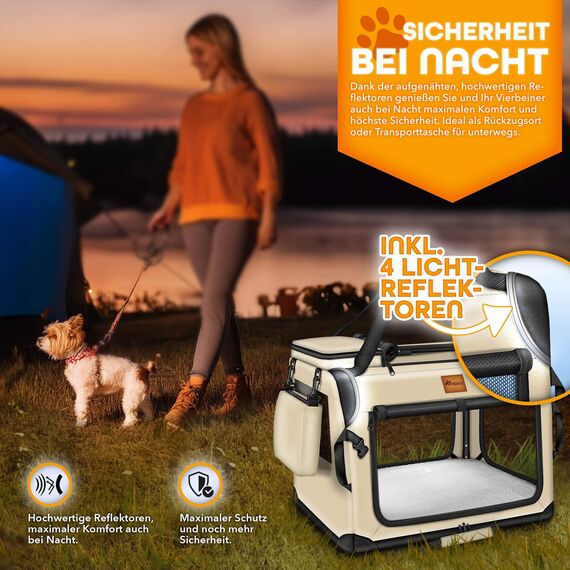 TRESKO® Hundebox faltbar inkl. Leckmatte, Spatel & Reflektoren XL 83x58x58cm | Transportbox für Hunde und Katzen | Hundetransportbox Auto für kleine & große Hunde | Hundetasche robust Beige