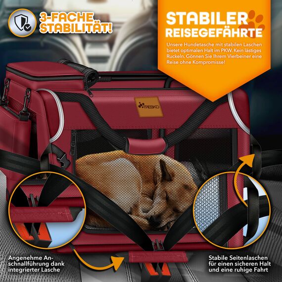 TRESKO® Hundebox faltbar inkl. Leckmatte, Spatel & Reflektoren S 50x34x34cm | Transportbox für Hunde und Katzen | Hundetransportbox Auto für kleine & große Hunde | Hundetasche robust Rot