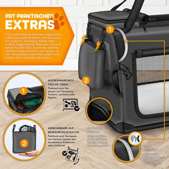 TRESKO® Hundebox faltbar inkl. Leckmatte, Spatel & Reflektoren | Transportbox für Hunde und Katzen | Hundetransportbox Auto für kleine & große Hunde | Hundetasche robust (XXL (92x63x63cm), Anthrazit)