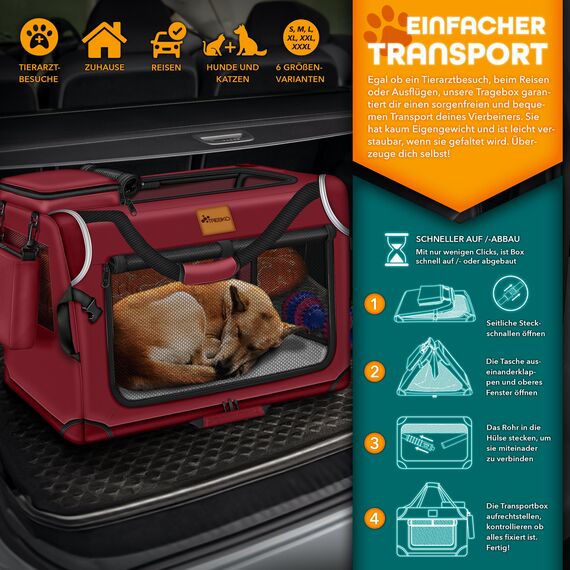 TRESKO® Hundebox faltbar inkl. Leckmatte, Spatel & Reflektoren XXL 92x63x63cm | Transportbox für Hunde und Katzen | Hundetransportbox Auto für kleine & große Hunde | Hundetasche robust Rot