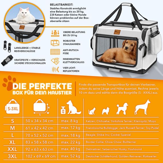 TRESKO® Hundebox faltbar inkl. Leckmatte, Spatel & Reflektoren XXXL 102x69x69cm | Transportbox für Hunde und Katzen | Hundetransportbox Auto für kleine & große Hunde | Hundetasche robust Grau