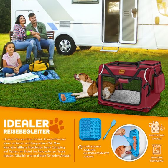 TRESKO® Hundebox faltbar inkl. Leckmatte, Spatel & Reflektoren XL 83x58x58cm | Transportbox für Hunde und Katzen | Hundetransportbox Auto für kleine & große Hunde | Hundetasche robust Rot