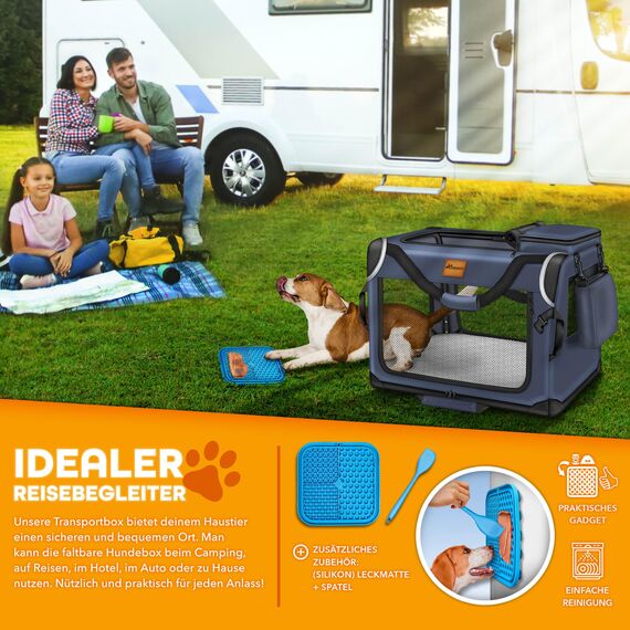 TRESKO® Hundebox faltbar inkl. Leckmatte, Spatel & Reflektoren S 50x34x34cm | Transportbox für Hunde und Katzen | Hundetransportbox Auto für kleine & große Hunde | Hundetasche robust Navyblau