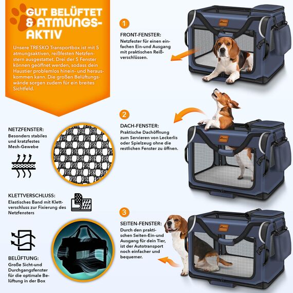 TRESKO® Hundebox faltbar inkl. Leckmatte, Spatel & Reflektoren S 50x34x34cm | Transportbox für Hunde und Katzen | Hundetransportbox Auto für kleine & große Hunde | Hundetasche robust Navyblau