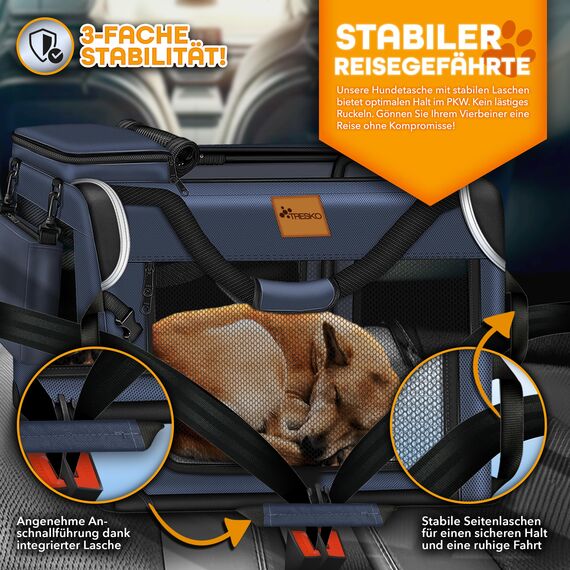 TRESKO® Hundebox faltbar inkl. Leckmatte, Spatel & Reflektoren S 50x34x34cm | Transportbox für Hunde und Katzen | Hundetransportbox Auto für kleine & große Hunde | Hundetasche robust Navyblau