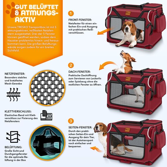 TRESKO® Hundebox faltbar inkl. Leckmatte, Spatel & Reflektoren XL 83x58x58cm | Transportbox für Hunde und Katzen | Hundetransportbox Auto für kleine & große Hunde | Hundetasche robust Rot