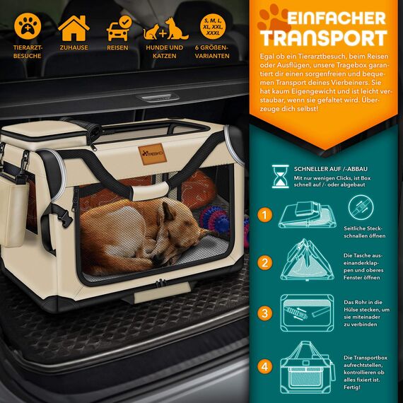 TRESKO® Hundebox faltbar inkl. Leckmatte, Spatel & Reflektoren S 50x34x34cm | Transportbox für Hunde und Katzen | Hundetransportbox Auto für kleine & große Hunde | Hundetasche robust Beige