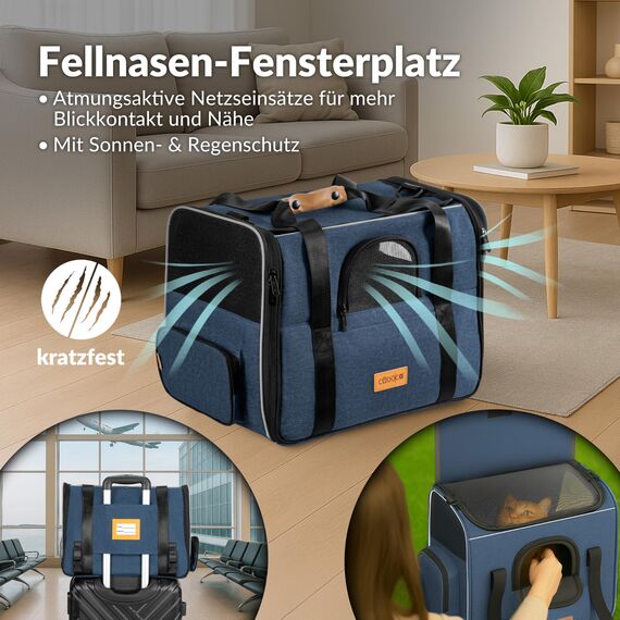 CADOCA® Transportbox Katzen bis 20kg faltbar Sonnen- und Regendach Schultergurt mit Napf Atmungsaktiv Komfortabel Wendekissen Haustier Katzenbox Tragetasche Hunde Auto Blau