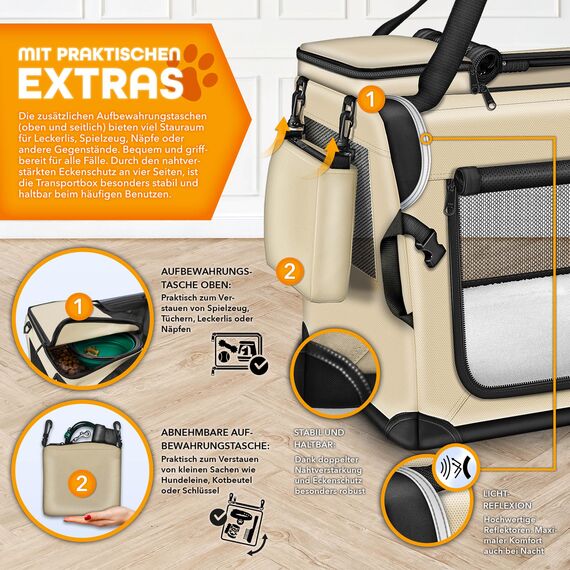 TRESKO® Hundebox faltbar inkl. Leckmatte, Spatel & Reflektoren S 50x34x34cm | Transportbox für Hunde und Katzen | Hundetransportbox Auto für kleine & große Hunde | Hundetasche robust Beige