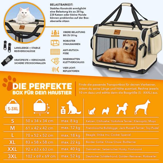 TRESKO® Hundebox faltbar inkl. Leckmatte, Spatel & Reflektoren XXL 92x63x63cm | Transportbox für Hunde und Katzen | Hundetransportbox Auto für kleine & große Hunde | Hundetasche robust Beige