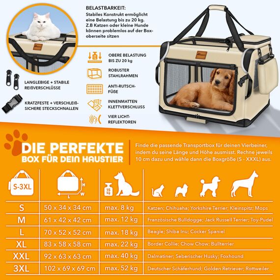 TRESKO® Hundebox faltbar inkl. Leckmatte, Spatel & Reflektoren XL 83x58x58cm | Transportbox für Hunde und Katzen | Hundetransportbox Auto für kleine & große Hunde | Hundetasche robust Beige