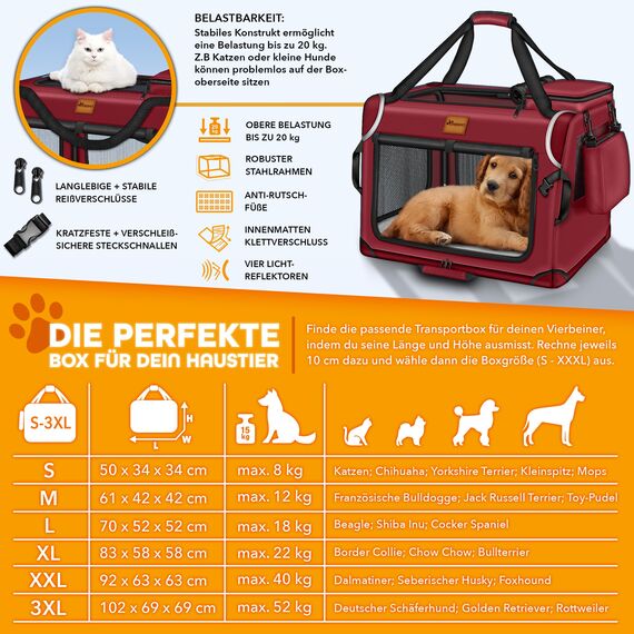 TRESKO® Hundebox faltbar inkl. Leckmatte, Spatel & Reflektoren XL 83x58x58cm | Transportbox für Hunde und Katzen | Hundetransportbox Auto für kleine & große Hunde | Hundetasche robust Rot