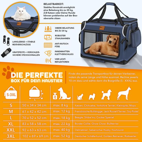 TRESKO® Hundebox faltbar inkl. Leckmatte, Spatel & Reflektoren XL 83x58x58cm | Transportbox für Hunde und Katzen | Hundetransportbox Auto für kleine & große Hunde | Hundetasche robust Navyblau