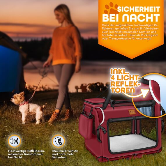 TRESKO® Hundebox faltbar inkl. Leckmatte, Spatel & Reflektoren XL 83x58x58cm | Transportbox für Hunde und Katzen | Hundetransportbox Auto für kleine & große Hunde | Hundetasche robust Rot