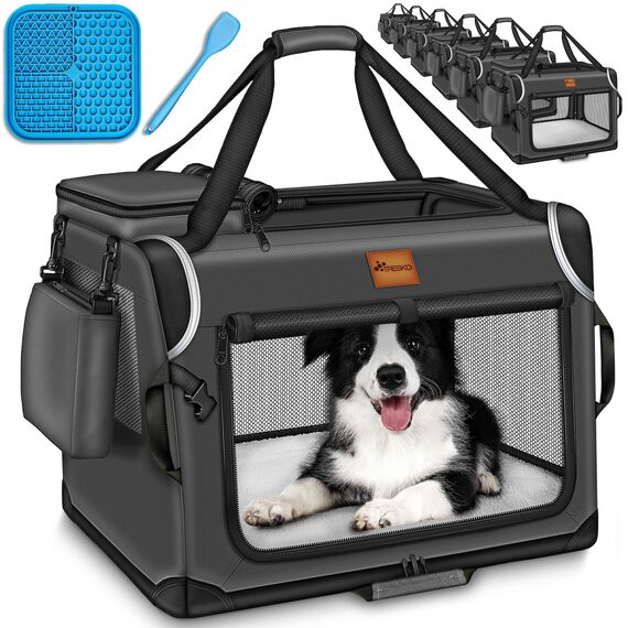 TRESKO® Hundebox faltbar inkl. Leckmatte, Spatel & Reflektoren XXXL 102x69x69cm | Transportbox für Hunde und Katzen | Hundetransportbox Auto für kleine & große Hunde | Hundetasche robust Anthrazit