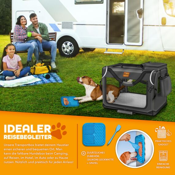 TRESKO® Hundebox faltbar inkl. Leckmatte, Spatel & Reflektoren XXXL 102x69x69cm | Transportbox für Hunde und Katzen | Hundetransportbox Auto für kleine & große Hunde | Hundetasche robust Anthrazit
