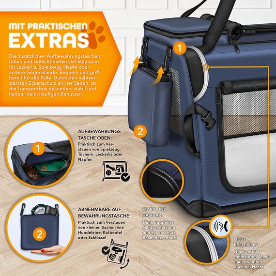 TRESKO® Hundebox faltbar inkl. Leckmatte, Spatel & Reflektoren S 50x34x34cm | Transportbox für Hunde und Katzen | Hundetransportbox Auto für kleine & große Hunde | Hundetasche robust Navyblau