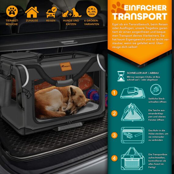 TRESKO® Hundebox faltbar inkl. Leckmatte, Spatel & Reflektoren XL 83x58x58cm | Transportbox für Hunde und Katzen | Hundetransportbox Auto für kleine & große Hunde | Hundetasche robust Anthrazit