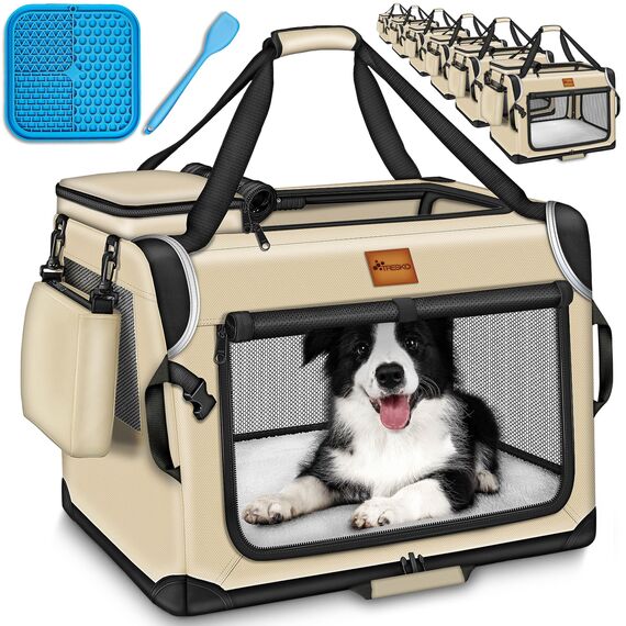 TRESKO® Hundebox faltbar inkl. Leckmatte, Spatel & Reflektoren S 50x34x34cm | Transportbox für Hunde und Katzen | Hundetransportbox Auto für kleine & große Hunde | Hundetasche robust Beige
