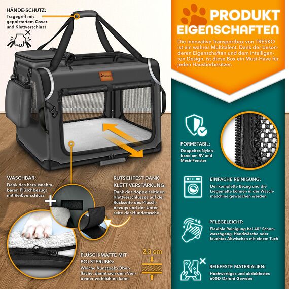 TRESKO® Hundebox faltbar inkl. Leckmatte, Spatel & Reflektoren | Transportbox für Hunde und Katzen | Hundetransportbox Auto für kleine & große Hunde | Hundetasche robust (XXL (92x63x63cm), Anthrazit)