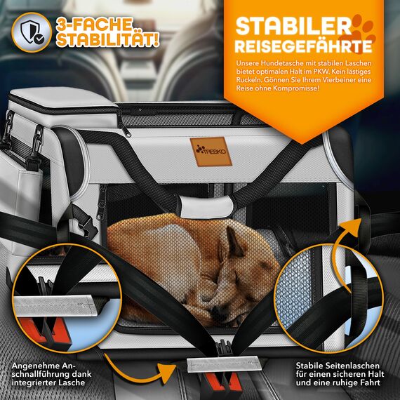 TRESKO® Hundebox faltbar inkl. Leckmatte, Spatel & Reflektoren XXXL 102x69x69cm | Transportbox für Hunde und Katzen | Hundetransportbox Auto für kleine & große Hunde | Hundetasche robust Grau