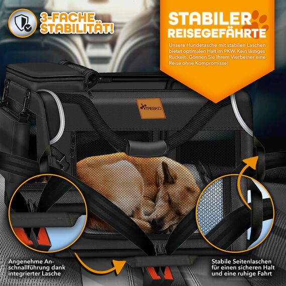 TRESKO® Hundebox faltbar inkl. Leckmatte, Spatel & Reflektoren XL 83x58x58cm | Transportbox für Hunde und Katzen | Hundetransportbox Auto für kleine & große Hunde | Hundetasche robust Anthrazit