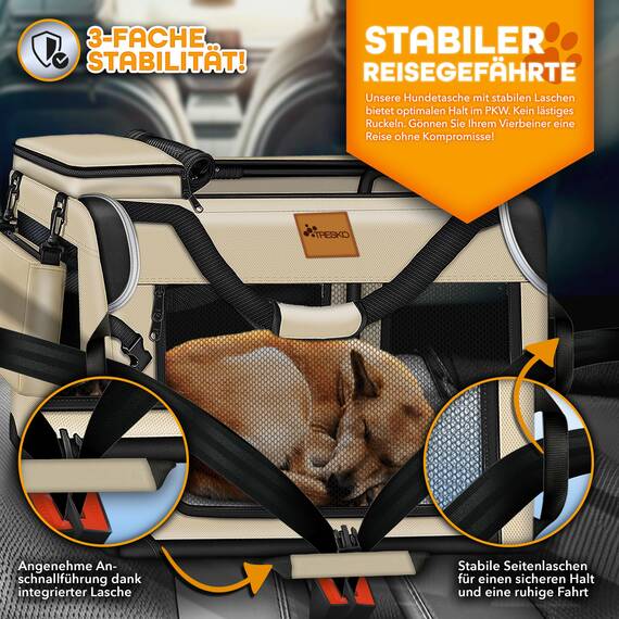 TRESKO® Hundebox faltbar inkl. Leckmatte, Spatel & Reflektoren XXL 92x63x63cm | Transportbox für Hunde und Katzen | Hundetransportbox Auto für kleine & große Hunde | Hundetasche robust Beige