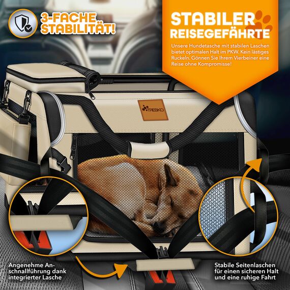 TRESKO® Hundebox faltbar inkl. Leckmatte, Spatel & Reflektoren S 50x34x34cm | Transportbox für Hunde und Katzen | Hundetransportbox Auto für kleine & große Hunde | Hundetasche robust Beige
