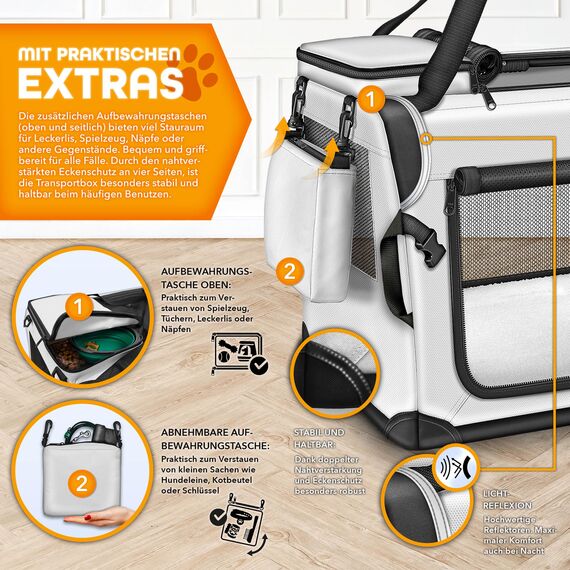 TRESKO® Hundebox faltbar inkl. Leckmatte, Spatel & Reflektoren XXXL 102x69x69cm | Transportbox für Hunde und Katzen | Hundetransportbox Auto für kleine & große Hunde | Hundetasche robust Grau