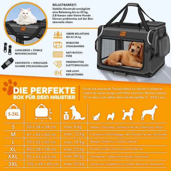 TRESKO® Hundebox faltbar inkl. Leckmatte, Spatel & Reflektoren | Transportbox für Hunde und Katzen | Hundetransportbox Auto für kleine & große Hunde | Hundetasche robust (XXL (92x63x63cm), Anthrazit)