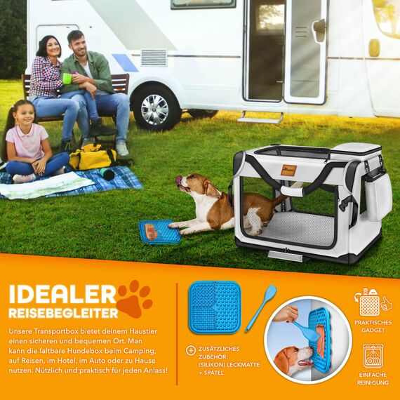 TRESKO® Hundebox faltbar inkl. Leckmatte, Spatel & Reflektoren XXXL 102x69x69cm | Transportbox für Hunde und Katzen | Hundetransportbox Auto für kleine & große Hunde | Hundetasche robust Grau