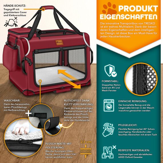 TRESKO® Hundebox faltbar inkl. Leckmatte, Spatel & Reflektoren XL 83x58x58cm | Transportbox für Hunde und Katzen | Hundetransportbox Auto für kleine & große Hunde | Hundetasche robust Rot