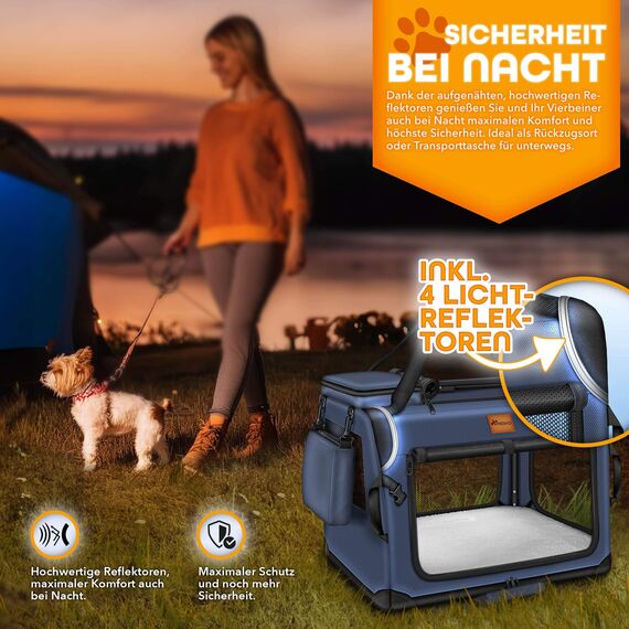 TRESKO® Hundebox faltbar inkl. Leckmatte, Spatel & Reflektoren S 50x34x34cm | Transportbox für Hunde und Katzen | Hundetransportbox Auto für kleine & große Hunde | Hundetasche robust Navyblau
