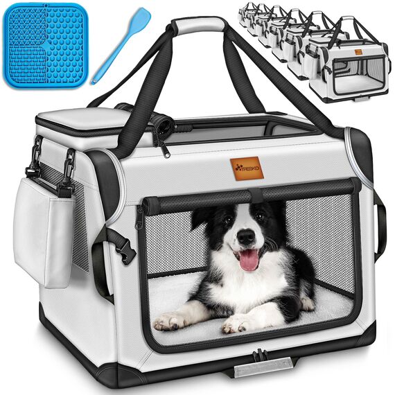 TRESKO® Hundebox faltbar inkl. Leckmatte, Spatel & Reflektoren XXXL 102x69x69cm | Transportbox für Hunde und Katzen | Hundetransportbox Auto für kleine & große Hunde | Hundetasche robust Grau