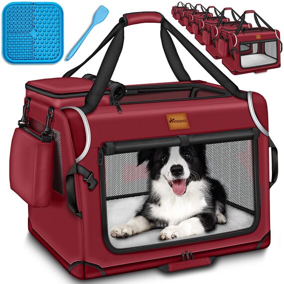 TRESKO® Hundebox faltbar inkl. Leckmatte, Spatel & Reflektoren XL 83x58x58cm | Transportbox für Hunde und Katzen | Hundetransportbox Auto für kleine & große Hunde | Hundetasche robust Rot