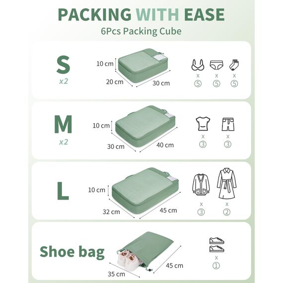ECOHUB Koffer Organizer Set, 6-teilige Packing Cubes mit ID-Tag, Recycelte Packwürfel für Reisen, Leichte Packtaschen für Koffer, Atmungsaktiver Travel Rucksack Organizer, Patent anhängig (Grün)